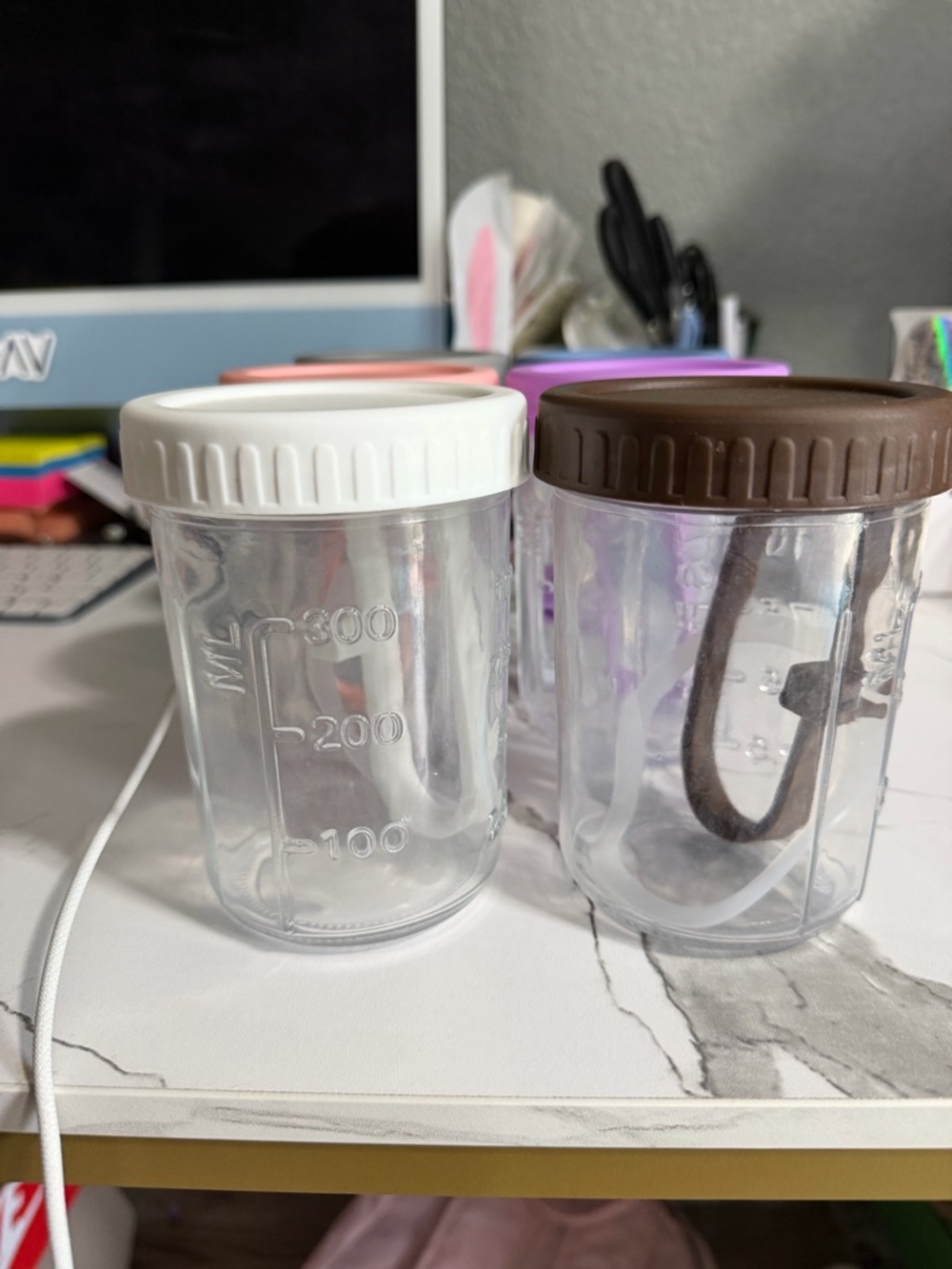 Clear Plastic Storage Jars with White and Brown Lids - Set of 2